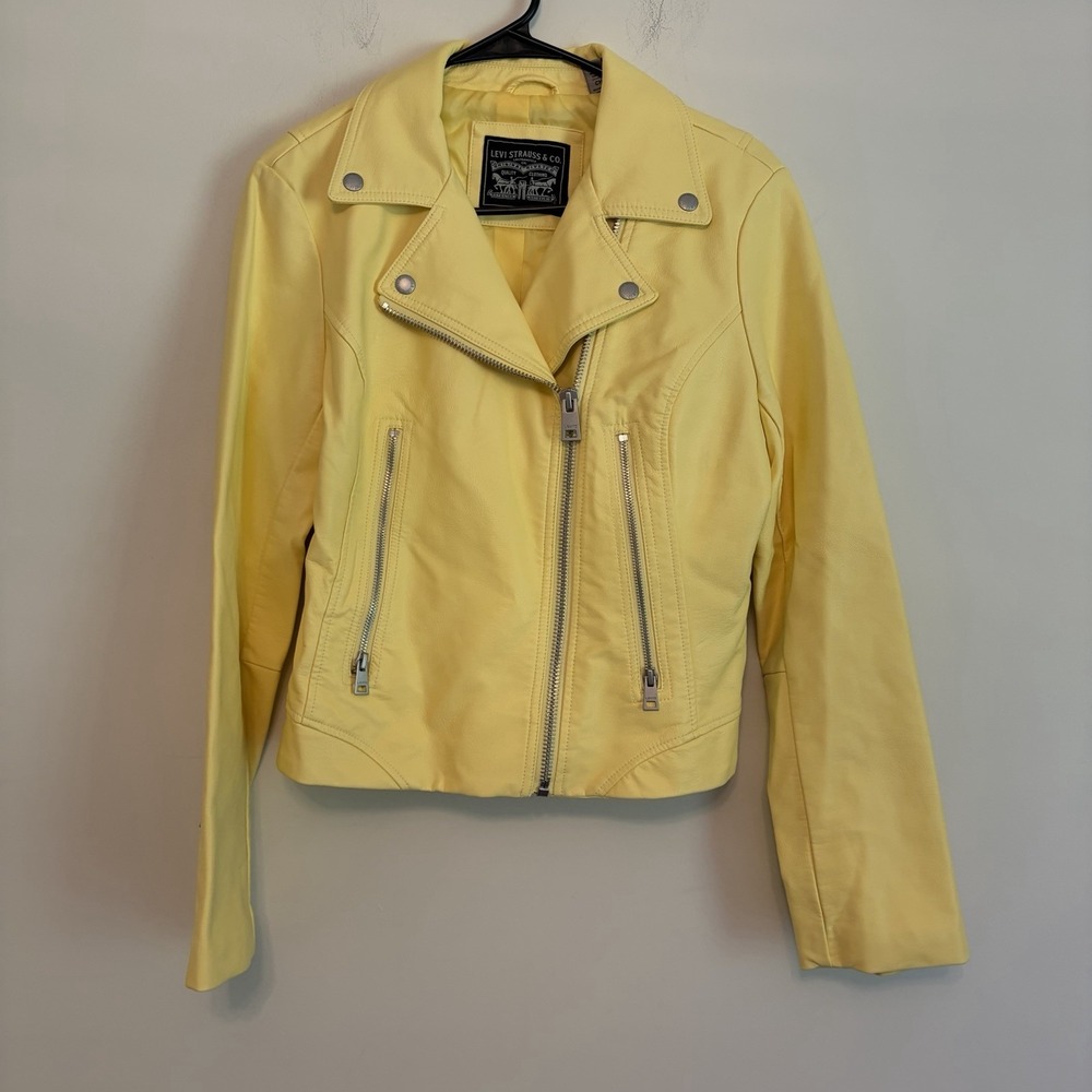 Levis Small Zipper Button Yellow Biker Moto Jacket Rock Edgy Funky Vegan Leather
